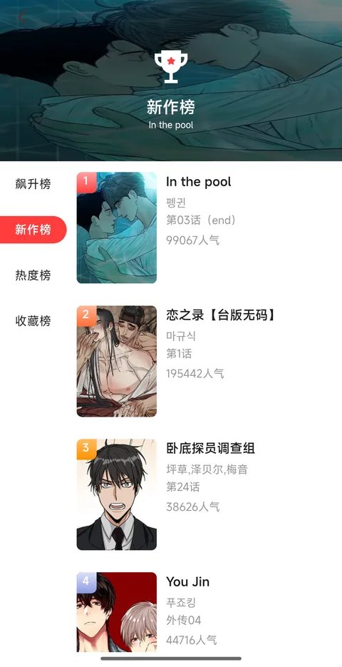 一耽漫画新作榜人气排行界面